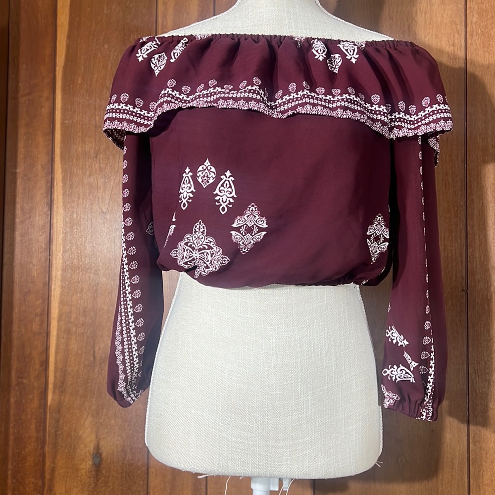 Boho crop top off the shoulder bohemian print ruffle neckline long sleeve top Xs - Picture 3 of 8